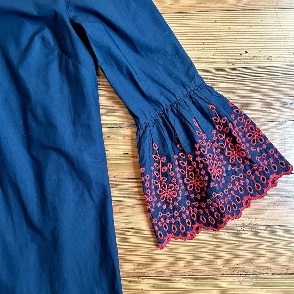 J. Crew eyelet bell sleeve dress, navy. Size XXS. NWOT.